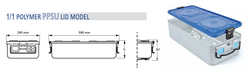 Contenedor para Esterilización con Barrera Biológica 1/1 y Tapa con Barrera de Modelo PPSU Color Transparente - 580 x 280 x H mm