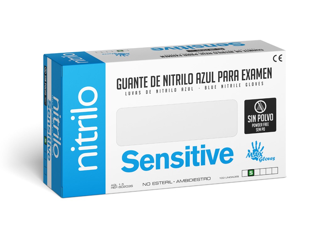 Guantes de Nitrilo Azul para Examen sin Polvo de Sensitive, Tallas XS a XL - Caja de 100 Unidades