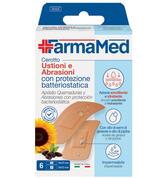 Apósitos para Quemaduras y Abrasiones con Protección Bacteriostática de FarmaMed, 2 Tamaños - Caja de 6 Unidades