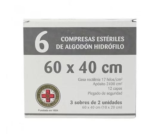 Gasas Estériles de Algodón Hidrófilo 17 Hilos 8 Capas de Gran Cruz 60 x 40 cm - Caja de 6 Compresas (3 Sobres de 2 Unidades)