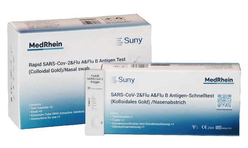 Test de Antígenos Rápido Combinado COVID-19 y Gripe A y B (Oro Coloidal / Hisopo Nasal) de Suny