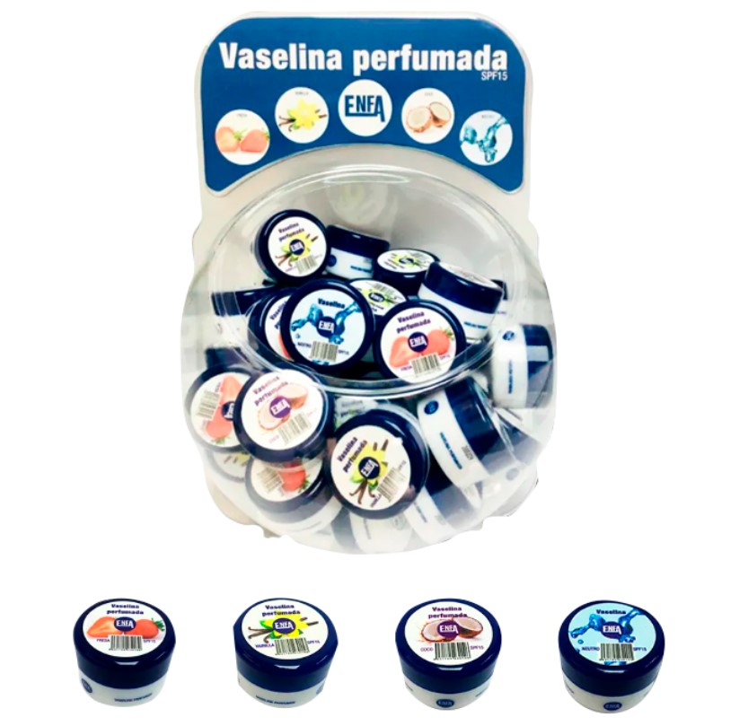 Expositor Vaselina Perfumada Surtida para Labios de Enfa 15 Gr con SPF15 (13 Fresa, 13 Coco, 13 Vainilla y 11 Neutra) - 50 Unidades