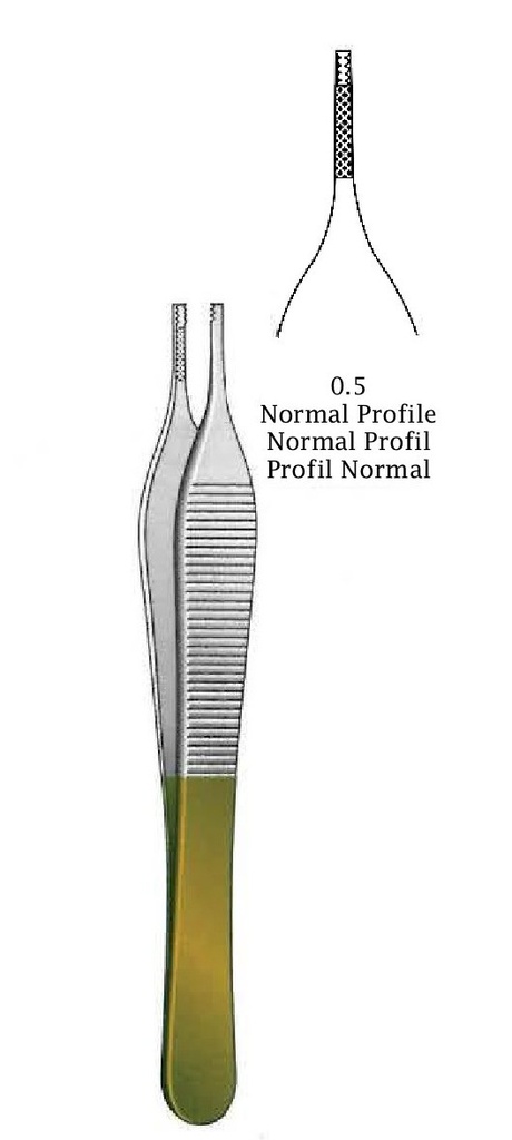 Adson-Brown forceps de disección - longitud = 12 cm / 4-3/4&quot;, Serration = 0.5 mm, Mini Profile, TC GOLD