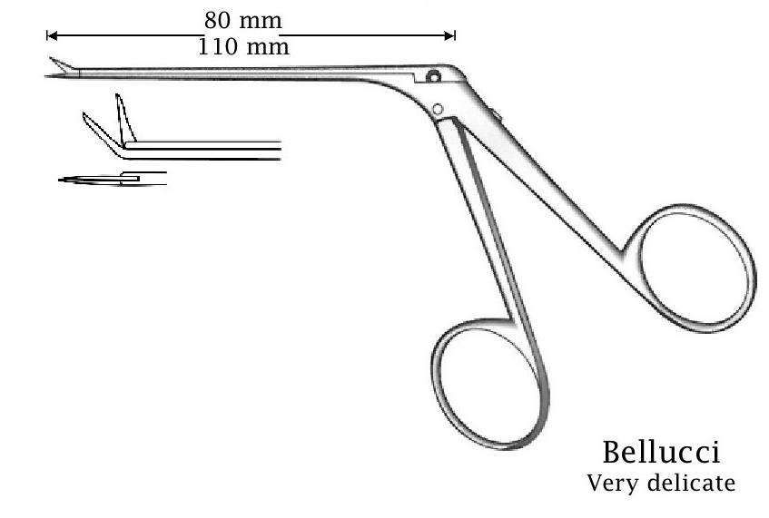 Micro tijera para oído Bellucci, acabado negro, curvada hacia arriba - longitud del eje = 110 mm