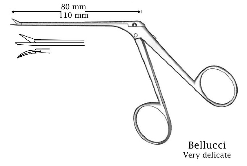 Micro tijera para oído Bellucci, izquierda - longitud del eje = 110 mm