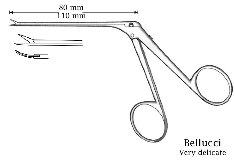 Micro tijera para oído Bellucci, derecha - longitud del eje = 110 mm