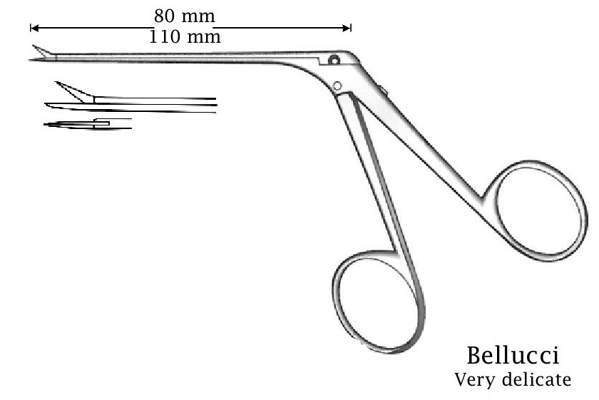 Micro tijera para oído Bellucci, acabado negro, recta - longitud del eje = 110 mm