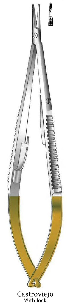Porta agujas Castroviejo con bloqueo, dentado, recta, TC Gold - longitud = 14 cm / 5-1/2&quot;