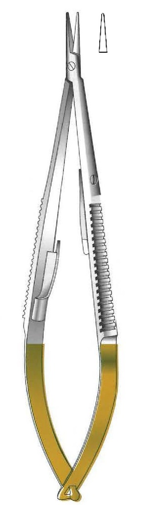 Porta agujas Castroviejo con bloqueo, punta lisa, recta, TC Gold - longitud = 14 cm / 5-1/2&quot;