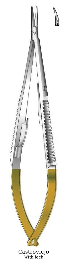 Porta agujas Castroviejo con bloqueo, dentado, curva, TC Gold - longitud = 18 cm / 7&quot;
