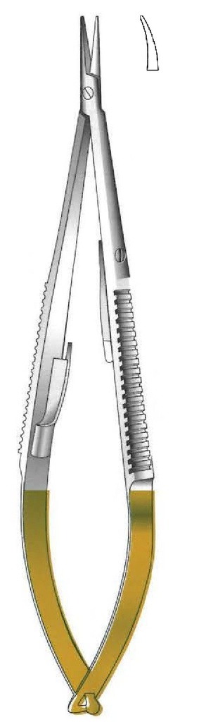 Porta agujas Castroviejo con bloqueo, punta lisa, curva, TC Gold - longitud = 18 cm / 7&quot;