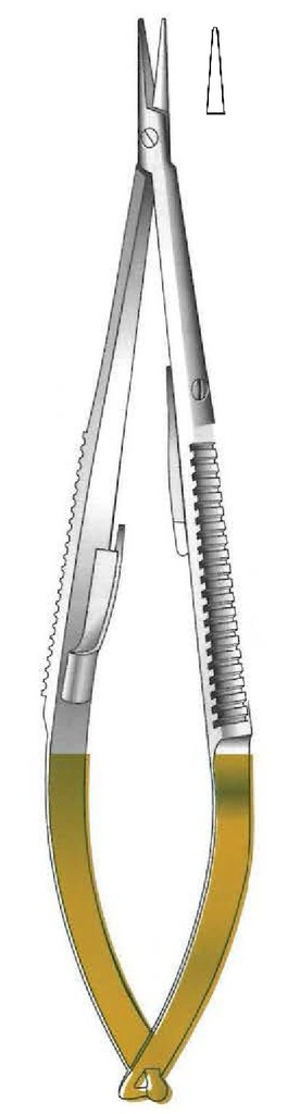 Porta agujas Castroviejo con bloqueo, punta lisa, recta, TC Gold - longitud = 18 cm / 7&quot;