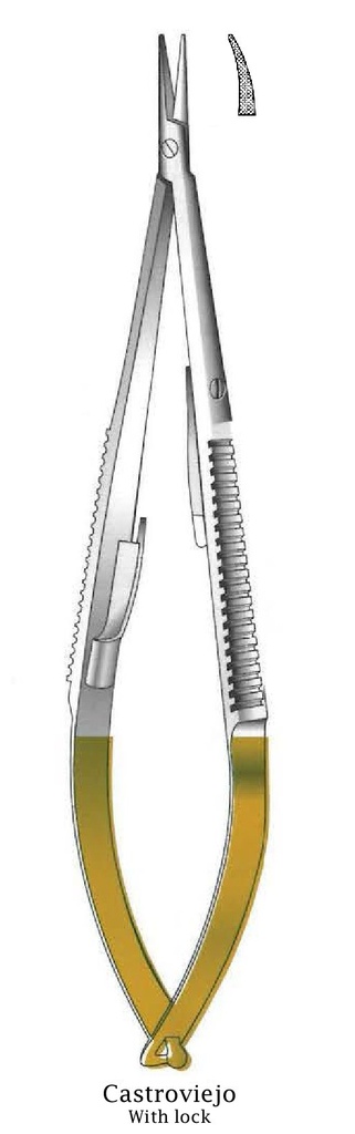 Porta agujas Castroviejo con bloqueo, dentado, curva, TC Gold - longitud = 20 cm / 8&quot;