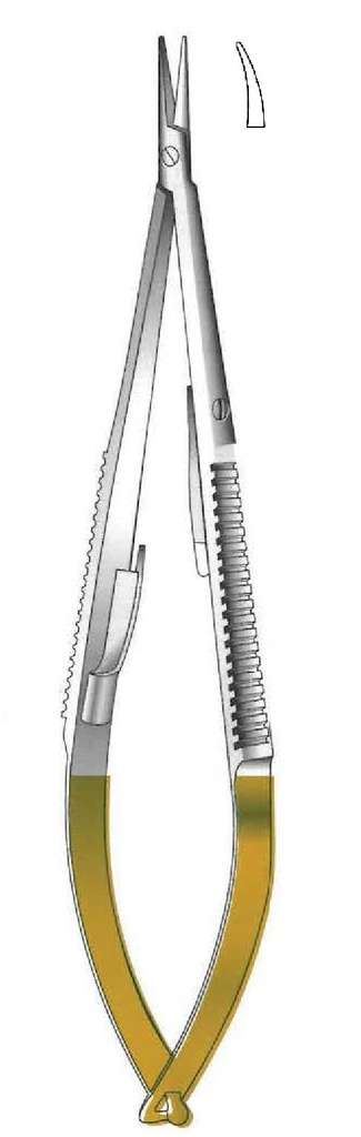 Porta agujas Castroviejo con bloqueo, punta lisa, curva, TC Gold - longitud = 20 cm / 8&quot;