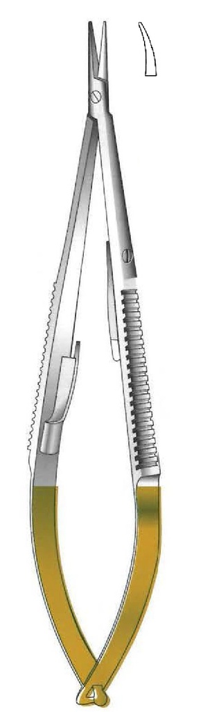 Porta agujas Castroviejo con bloqueo, punta lisa, curva, TC Gold - longitud = 21 cm / 8-1/2&quot;