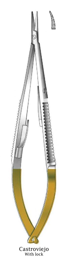 Porta agujas Castroviejo con bloqueo, dentado, curva, TC Gold - longitud = 23 cm / 9&quot;