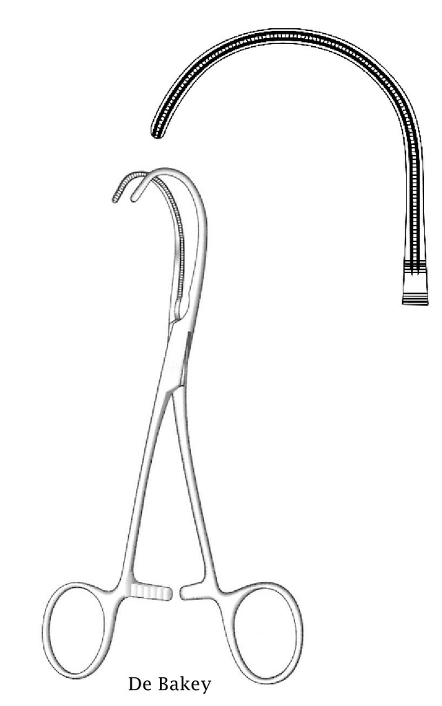 Pinza vascular De Bakey, curva fuerte en la punta - longitud = 16 cm / 6-1/4&quot;