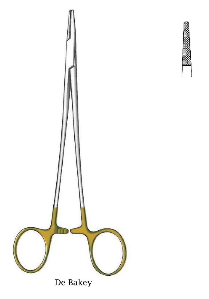 Porta agujas De Bakey, dentado = 0.4 mm, mini perfil, TC Gold - longitud = 18 cm / 7&quot;