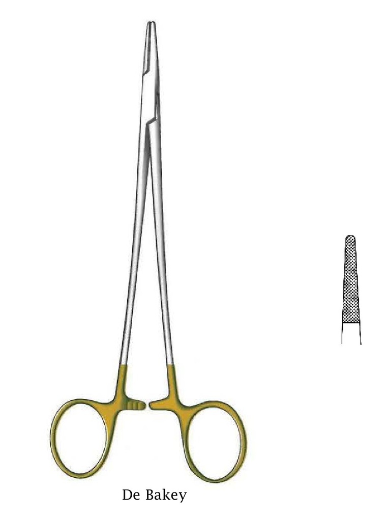 Porta agujas De Bakey, dentado = 0.4 mm, mini perfil, TC Gold - longitud = 26 cm / 10-1/4&quot;