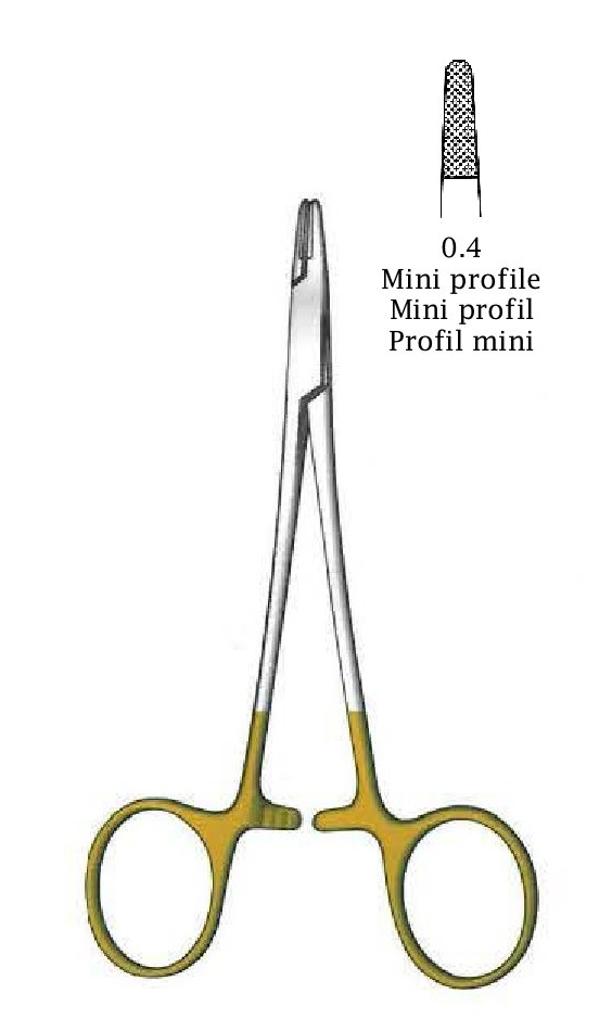 Porta agujas Derf, dentado = 0.4 mm, mini perfil, TC Gold - longitud = 12 cm / 4-3/4&quot;
