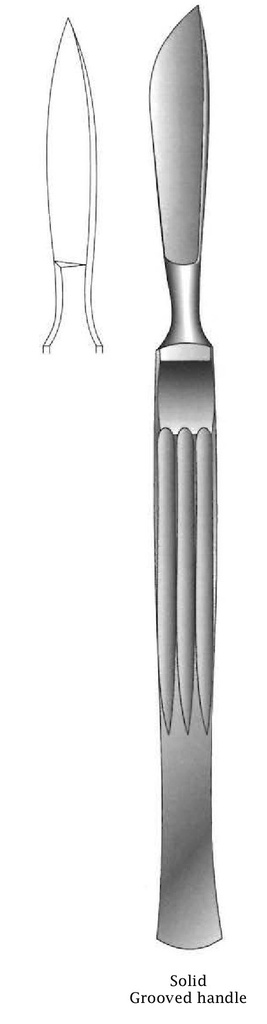 Cuchillo para disección, sólido con mango acanalado, figura 7 - longitud = 15 cm / 6&quot;