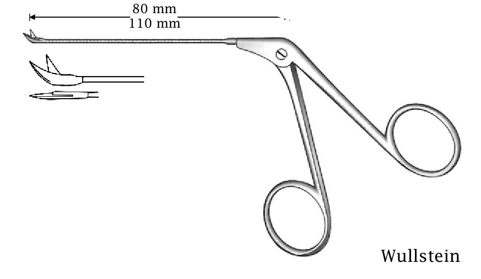 Micro tijera para oído Wullstein, curvada hacia arriba - longitud del eje = 110 mm