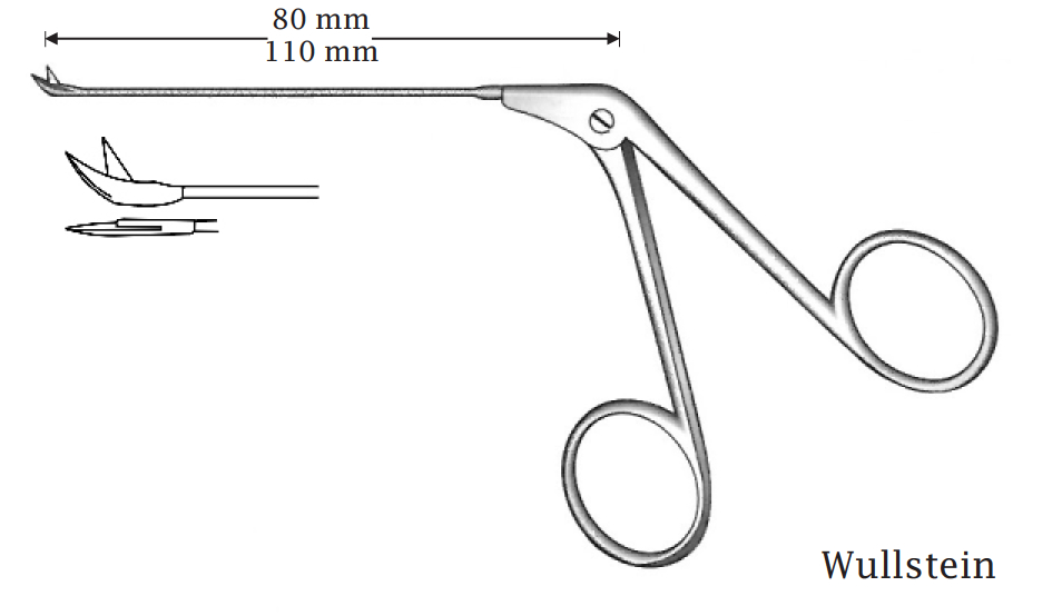 Micro tijera para oído Wullstein, acabado negro, curvada hacia arriba - longitud del eje = 110 mm