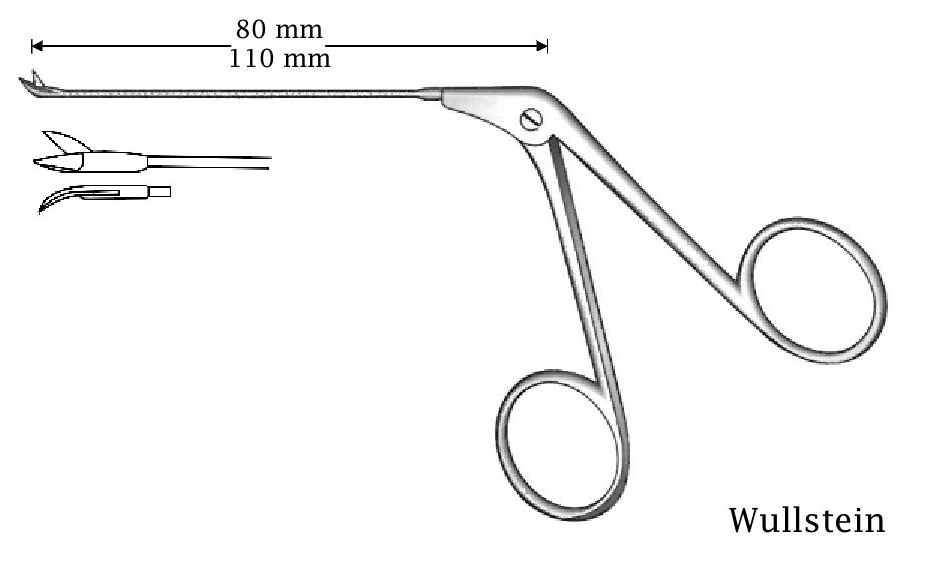 Micro tijera para oído Wullstein, izquierda - longitud del eje = 110 mm