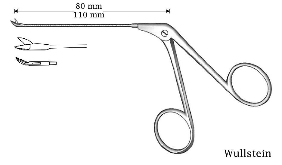 Micro tijera para oído Wullstein, derecha - longitud del eje = 110 mm