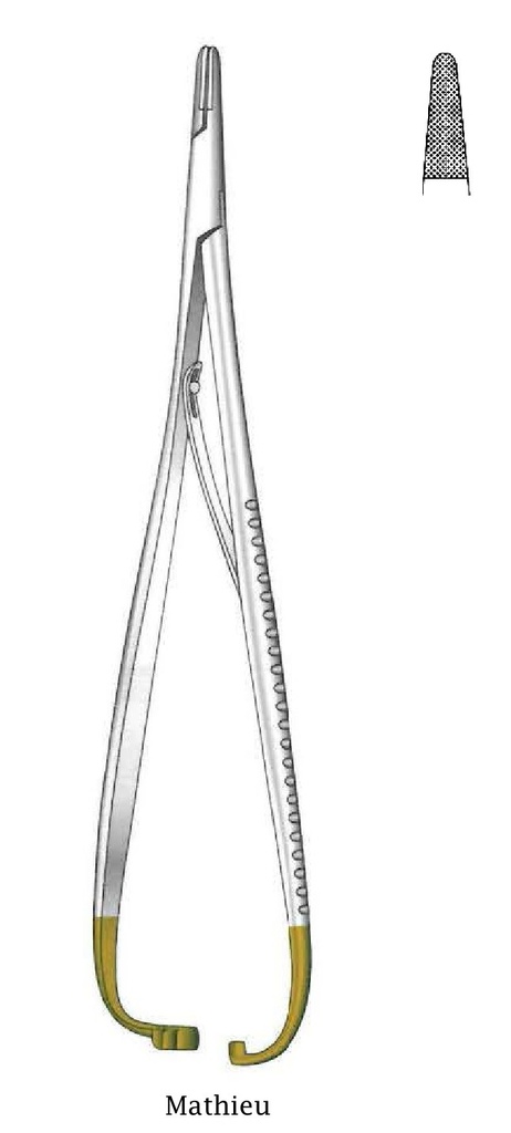 Porta agujas Mathieu premium, dentado = 0.4 mm, TC Gold - longitud = 14cm / 5-1/2&quot;