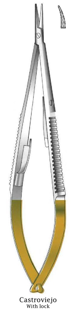 Porta agujas Castroviejo premium con bloqueo, dentado, curva, TC Gold - longitud = 14 cm / 5-1/2&quot;