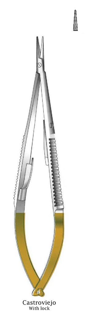 Porta agujas Castroviejo premium con bloqueo, dentado, recta, TC Gold - longitud = 18 cm / 7&quot;