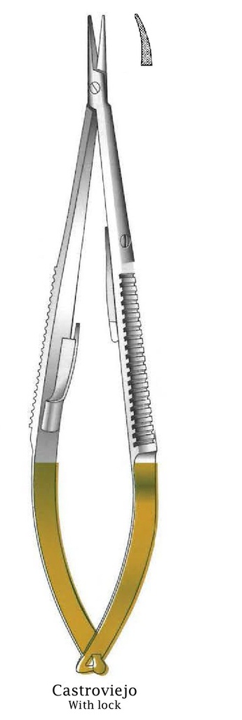 Porta agujas Castroviejo premium con bloqueo, dentado, curva, TC Gold - longitud = 21 cm / 8-1/2&quot;