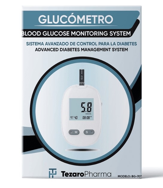 Glucómetro para Medir Glucosa de Tezaro Pharma (Incluye 50 Tiras Reactivas y 50 Lancetas)
