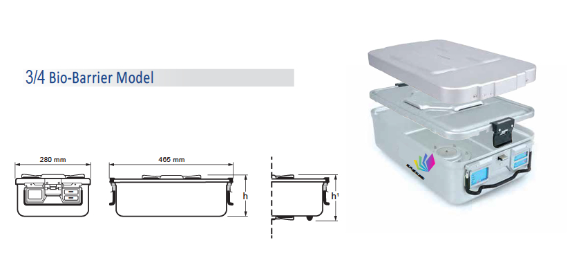 Contenedor para Esterilización No Perforado de Modelo Estándar 3/4 y Tapa con Barrera - 475 x 285 x H mm