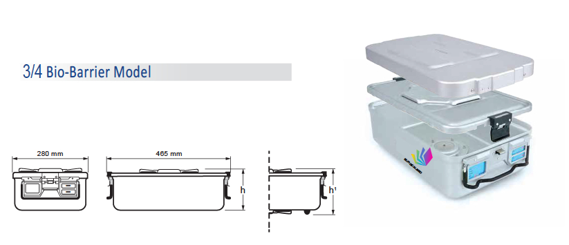 Contenedor para Esterilización No Perforado de Modelo Estándar 3/4 y Tapa de Seguridad con Barrera - 480 x 290 x H mm