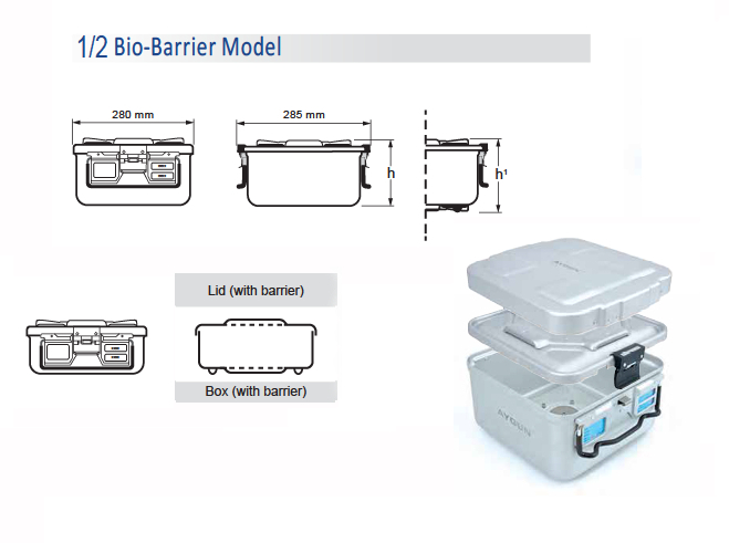 Contenedor para Esterilización de Modelo Barrera Biológica 1/2 y Tapa con Barrera - 310 x 280 x H mm