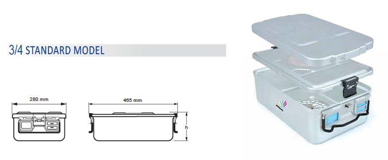 Contenedor para Esterilización No Perforado de Modelo Estándar 3/4 y Tapa Perforada - 475 x 285 x H mm