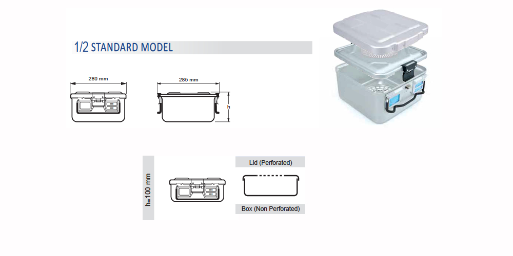 Contenedor para Esterilización No Perforado de Modelo Estándar 1/2 y Tapa Perforada - 310 x 280 x H mm