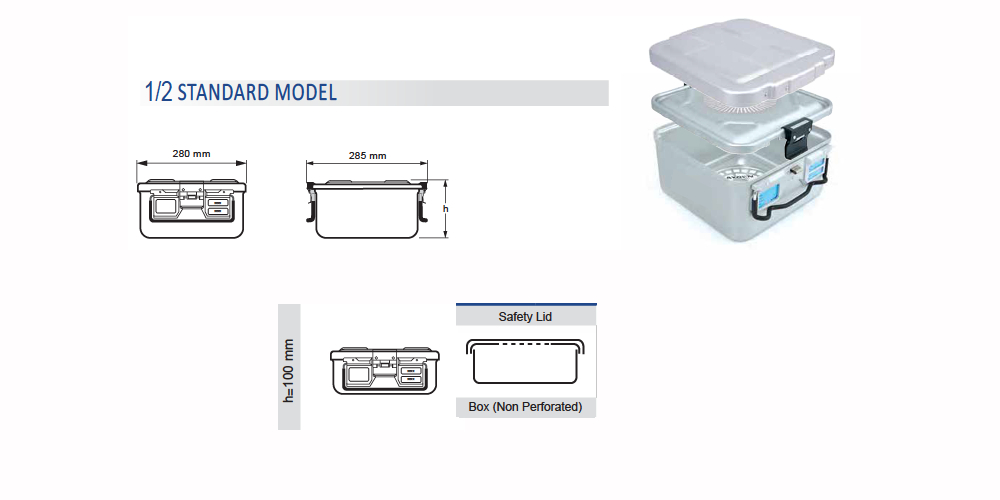 Contenedor para Esterilización No Perforado de Modelo Estándar 1/2 y Tapa de Seguridad - 315 x 285 x H mm